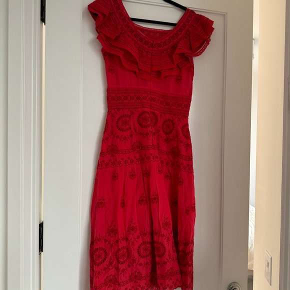 Sea New York Embroidered Midi Dress SZ 2 Red Eyelet Detail Flutter Sleeve - Picture 11 of 11